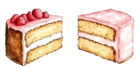 Two watercolor slices of strawberry cake.