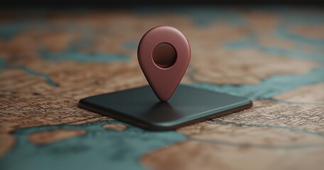 A red map pin stands prominently atop a geographical map, pinpointing a specific location among intricate roads and waterways