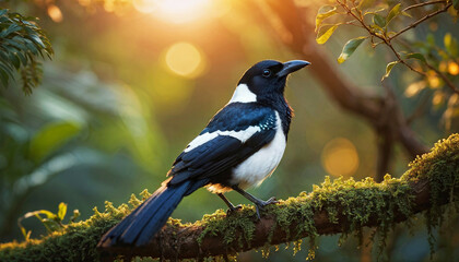 Magpie sitting on branch in deep jungle sunrise background