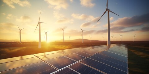 An aerial view of solar panels and wind turbines on the horizon, with a beautiful sunset in the 