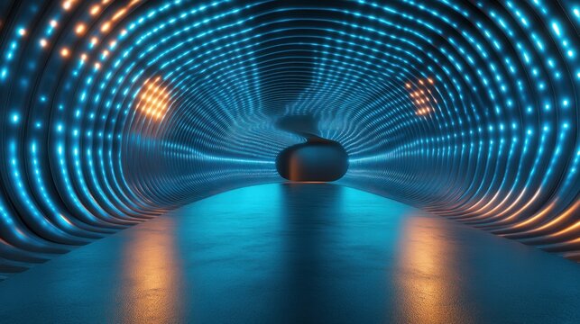 Lit tunnel Spherical shape in a wavy, illuminated tunnel with blue-orange lights