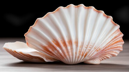 Elegant white sea jacobean scallop shell displayed beautifully on a wooden surface showcasing intricate details