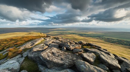 Scenic view from a rocky outcrop overlooking a vast landscape and cloudy sky.