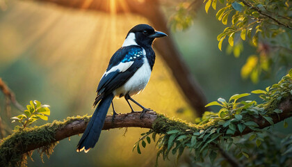 Magpie sitting on branch in deep jungle, Magpie in forest