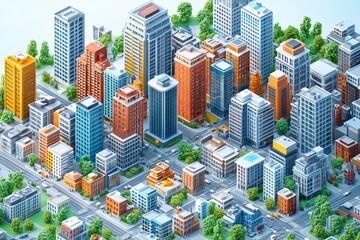 3D city isometric three-dimensional infographics including skyscrapers, homes and stores with streets and trees in the area of the city with the business conceptual graphs and