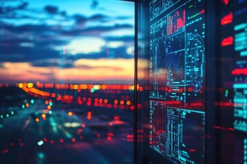 Air traffic control in action with airport towers, navigation screens, and flight radar controllers