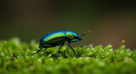 Fototapeta premium Close-up of a vibrant beetle crawling on lush green moss in nature