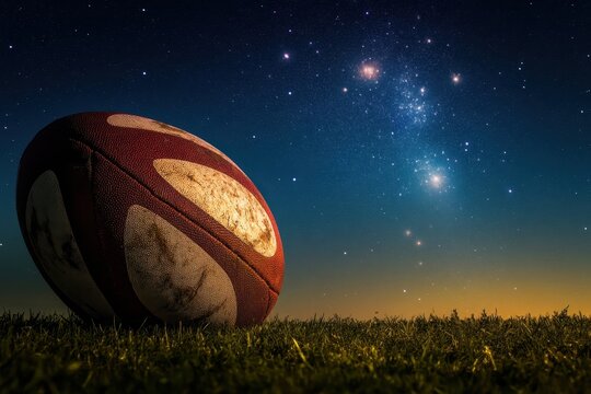 A worn rugby ball rests on grass under a starry night sky at twilight - Powered by Adobe