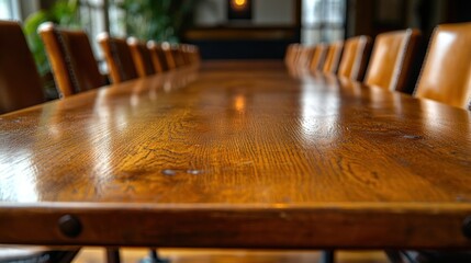 Obraz premium Long wooden table with chairs in a blurred room; warm colors dominate