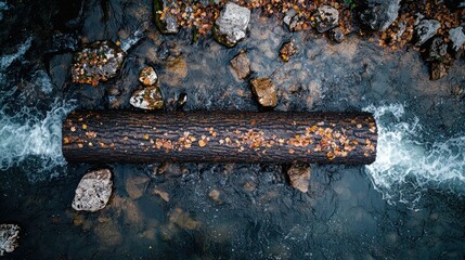Log bridge over flowing stream with autumn leaves and scattered rocks