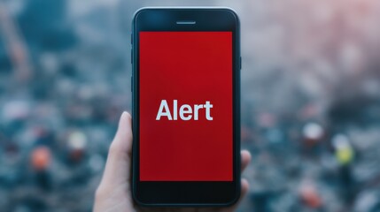 Naklejka premium Disaster warning notification. Earthquake and flood events. A mobile phone with the word 