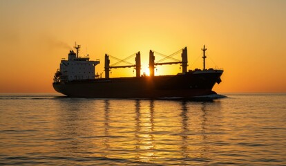 Obraz premium Cargo ship navigating ocean at sunset. Reflection on water, tranquil atmosphere. Maritime transportation concept.