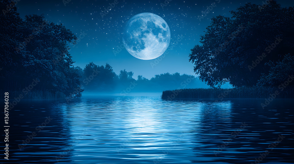 Wall mural moonlit tranquility: a mesmerizing image of a full moon casting a serene glow over a tranquil lake s