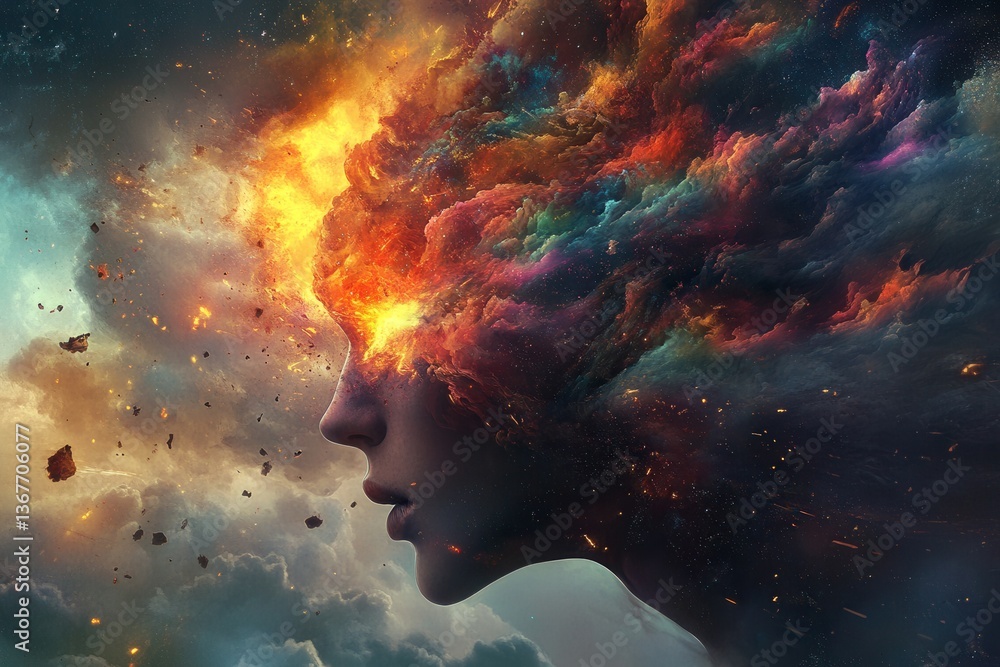 Poster concept art of an exploding mind, representing the annual collective mind filled with dreams and emo