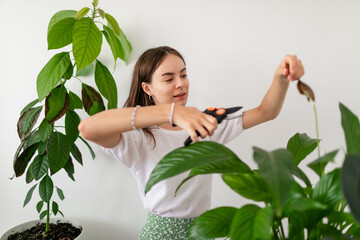 Teenage girl caring for her indoor plants at cozy kitchen
