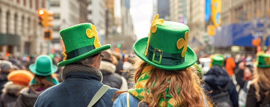 Tourists enjoying the annual st. Patrick's day parade in manhattan, new york city