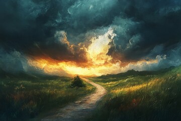Naklejka premium Stormy sunset path through grassy field