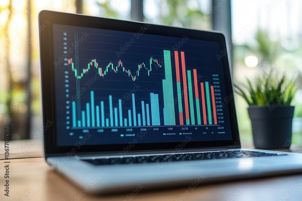 Poster bar graph on a laptop screen, illustrating the use of technology for data analysis and statistics