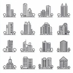 Cities and city buildings, a set of icons in a linear design. Urban cityscape, office and apartment buildings. lines with editable stroke