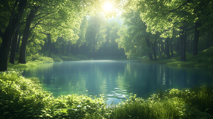 Obraz premium Serene forest landscape with a tranquil lake surrounded by lush greenery in the early morning light