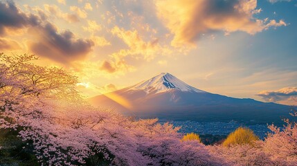 Snow - capped Mount Fuji under golden sunset with blooming cherry blossoms. Beautiful natural scene combining mountain, flowers, and vibrant sky.
