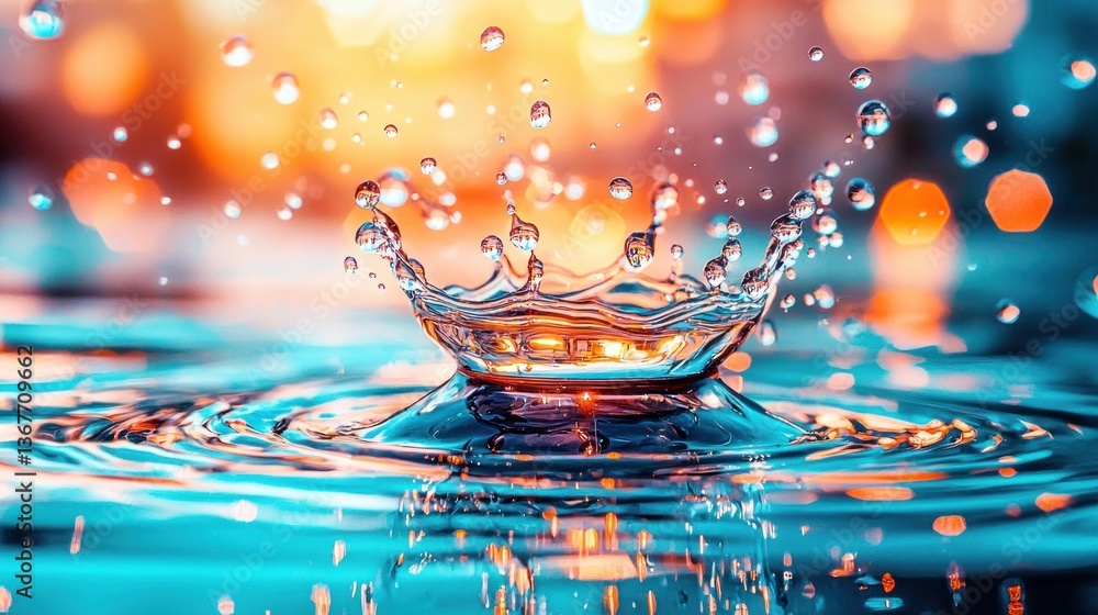 Poster water splash with droplets created by impact on surface below