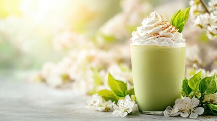 A refreshing green drink topped with whipped cream and surrounded by flowers.