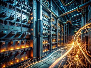 Fototapeta premium Long Exposure Photo of Electrical Panel with Circuit Breakers and Wiring