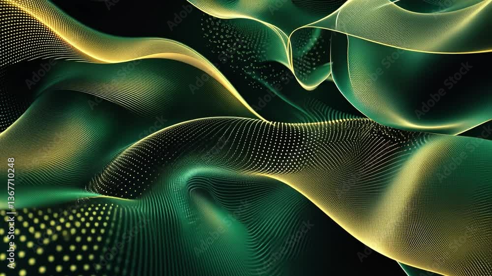 Poster abstract green and gold waves: a mesmerizing, abstract composition features undulating waves of lumi