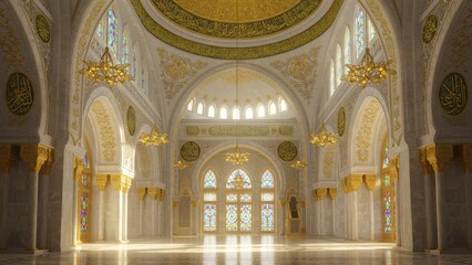 Fototapeta premium Ornate mosque interior featuring golden chandeliers and stained glass.