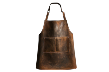 A beautiful artisan leather apron hangs against a light backdrop for cooking enthusiasts isolated on transparent background