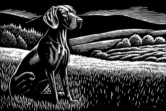 hand drawn sketch of Hungarian hound pointer vizsla dog black and white outline illustration
