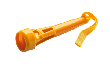 Bright yellow flashlight with a strap, lighting up dark spaces during nighttime exploration isolated on transparent background