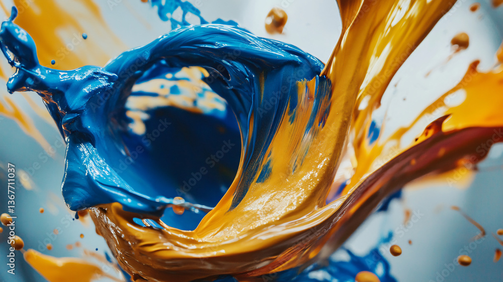 Poster a blue and yellow paint splashing together to create a beautiful visual effect that highlights the d