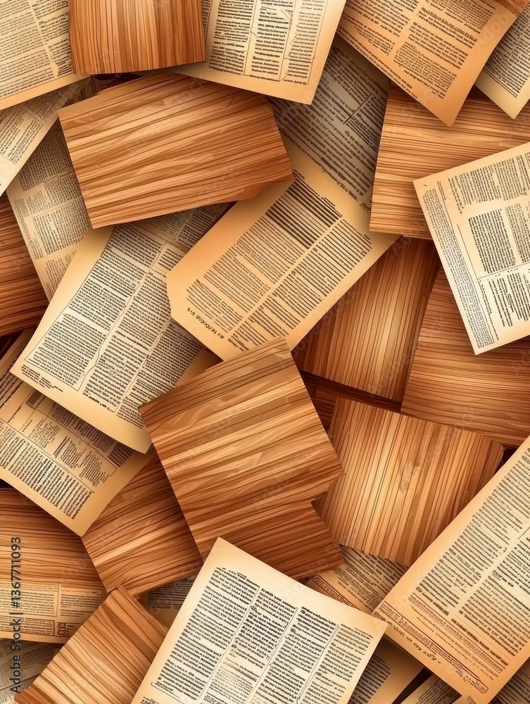 Poster exploring textured patterns of wood and paper art studio mixed media creative workspace aerial view 