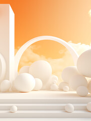 Fototapeta premium A space decorated with spherical ornaments in orange and white, suitable for use as an e-commerce product background image.