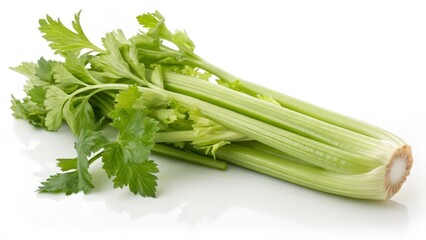 Fresh Green Celery Stalks with Leaves on White Background  
