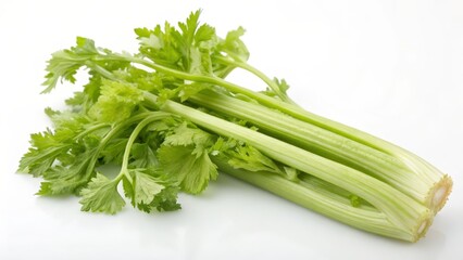 Fresh Green Celery Stalks with Leaves on White Background  
