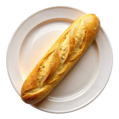 A freshly baked golden brown baguette on a simple white plate a delicious crispy crust and soft...