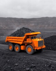 Obraz premium Heavy Orange Dump Truck Transporting Coal in Open Quarry Landscape