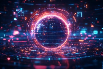 Obraz premium A holographic globe surrounded by floating marketing icons, glowing in a virtual space with vibrant, digital hues