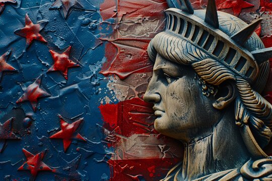 Close-up of the statue of liberty over an abstract american flag, evoking patriotism and freedom