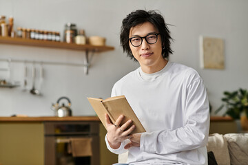Young man engages with e-learning from home while reading in a cozy interior space