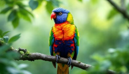 Rainbow Lorikeet Perched on Branch in Lush Green Foliage