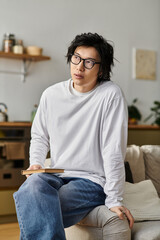 Fototapeta premium Young asian student immersed in online learning at home while relaxed on the couch
