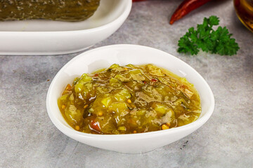 Souce gherkin relish with marinated cucumbers