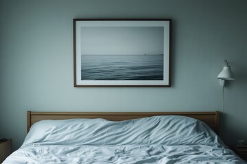 Serene Bedroom: Minimalist Ocean Art and Soft Bedding