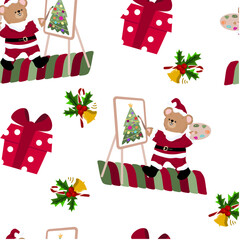 Cute bear dressed as Santa Claus paints a Christmas tree with a brush on an easel, gift boxes and holly with bell seamless pattern.