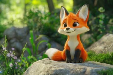 Obraz premium Cute cartoon fox sitting on a rock in a lush forest