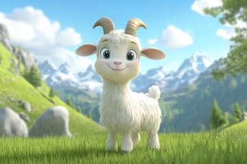 Cute cartoon goat in a sunny alpine meadow